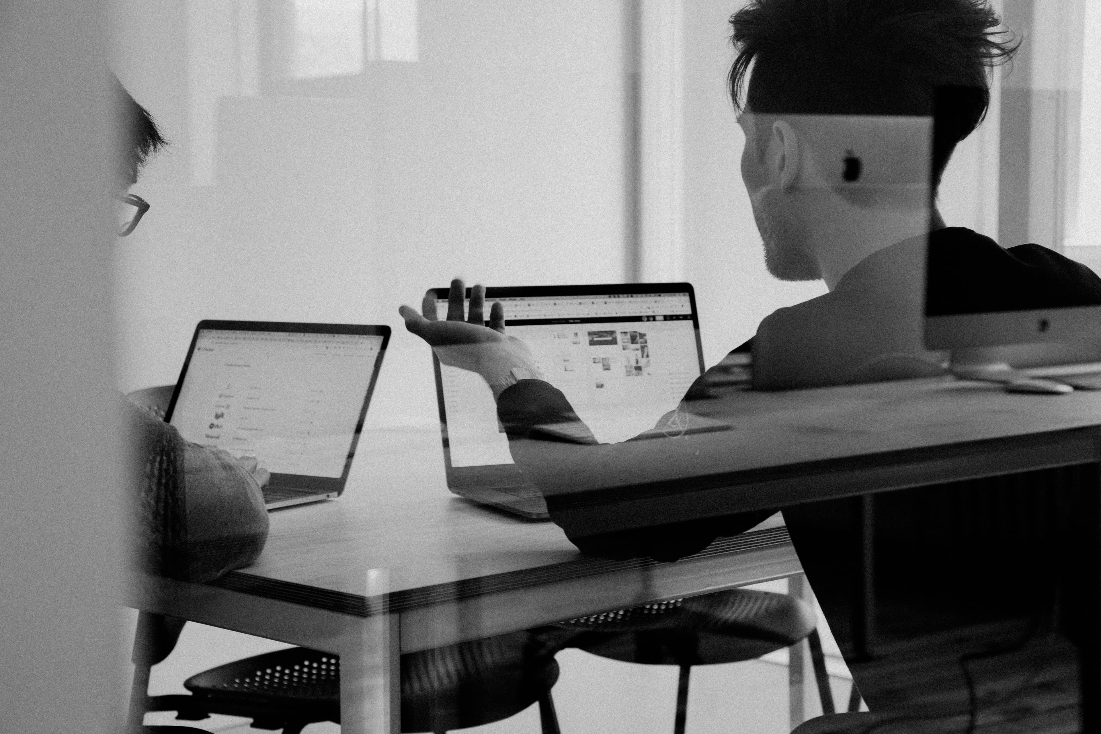 An empty meeting room, shot in black and white